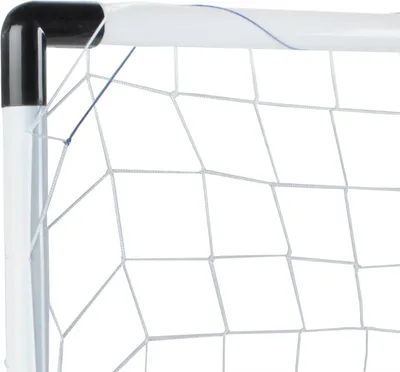 A close-up view of a white soccer goal net and frame.