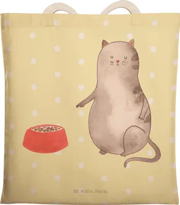 Produktbild von Mr. & Mrs. Panda Einkaufstasche Katze Fressen - Gelb Pastell - Geschenk, Beutel, Stoffbeutel, Tote Bag, Tasche, Beuteltasche