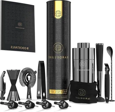 Produktbild von Famanu Cocktailset 12-teilig Shaker Set 750 ml Edelstahl inklusive edler Geschenkbox, Aufbewahrungstasche & Rezeptbuch - Schwarz