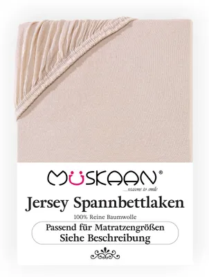 Produktbild von Müskaan Jersey Spannbettlaken 180x200 - 200x200 cm beige bis 22cm Matratzenhöhe Gummizug Bettlaken 100% Baumwolle