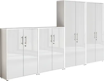 Produktbild von Aktenschrank TABOR 54 in weiß / weiß Hochglanz, Schrankwand, Büroschrank, abschließbar, Metallgriffe