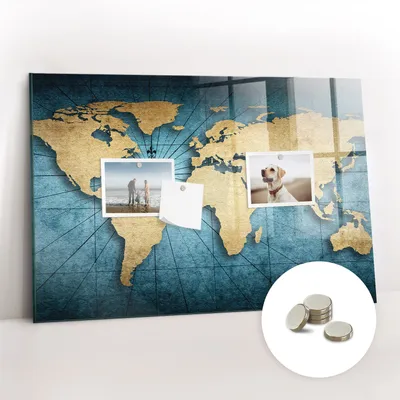 Obrázok produktu pre Magnetická tabuľa na stenu - Memo Tabuľa Sklenená - vrátane 5 magnetov - 60x40 cm - 3D mapa sveta