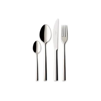 A set of four stainless steel cutlery pieces arranged on a white background.