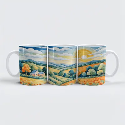 Produktbild von raxxa Premium-Tasse "Pastel Landscape with Sunflower Fields and Path"