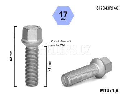 Obrázok produktu pre Skrutka kolesa M14x1,5x40 guľa R14, kľúč 17, S17D40R14G, výška 59 mm
