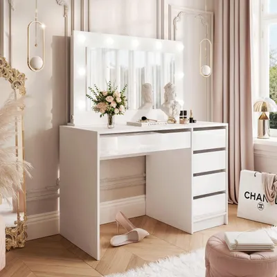 Produktbild von Idohome Schminktisch BELLA II, Kosmetiktisch mit Spiegel und Beleuchtung, Schminkkommode, Frisiertisch mit Schubladen, Schmuckschrank Weiß Hochglanz