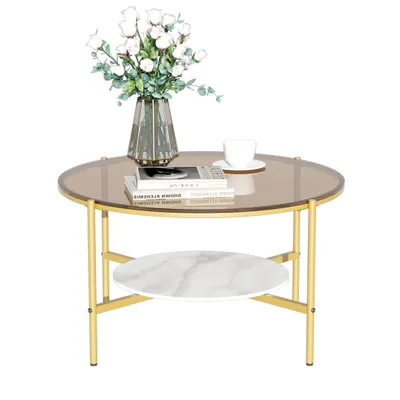Image de WISFOR table basse ronde en verre trempé+marbre+métal, table de salon en verre table basse, avec 2 étagères Design moderne, marron