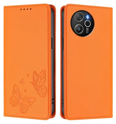 Image de Étui en cuir pour Blackview Shark 8 / Oscal Tiger 12, motif papillon, étui portefeuille à rabat avec support, orange