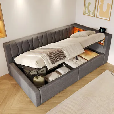 Obrázok produktu pre Postel s čalúneným rámom, rozmer 160x200 cm, s LED osvetlením, USB a Type-C portami, úložným priestorom a latkovým roštom, sivý rám z lneniny