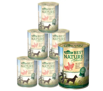 Produktbild von Dehner Best Nature Hundefutter, Nassfutter getreidefrei, für ausgewachsene Hunde, Lachs / Geflügel / Reis, 6 x 400 g Dose (2.4 kg)