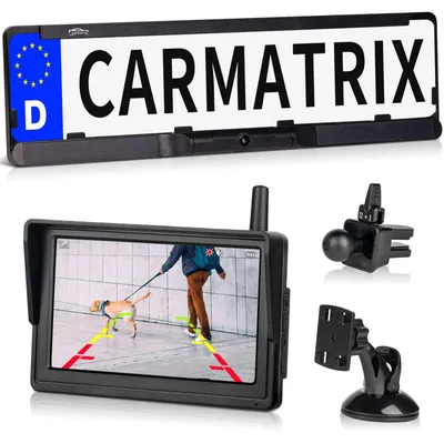 Produktbild von CARMATRIX HD Solar Funk Rückfahrkamera mit 5" Monitor Nummernschildkamera mit Solarpanel (Versandrückläufer)