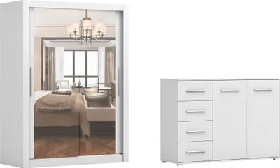 Produktbild von 2er-Set Schwebetürenschrank Schrank Kleiderschrank MILAN 100cm mit Spiegel und FRIDA 01 2D4S 01, Breite: 135 cm, Farbe: WEISS/WEISS