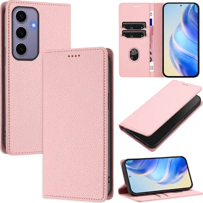 Produktbild von Litchi Leder Handyhülle für Samsung Galaxy S24 Wallet Kartenfächer Standfunktion Hülle Pink
