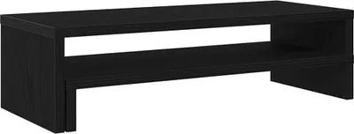 A black monitor stand with a shelf, shown from a front-side angle against a white background.