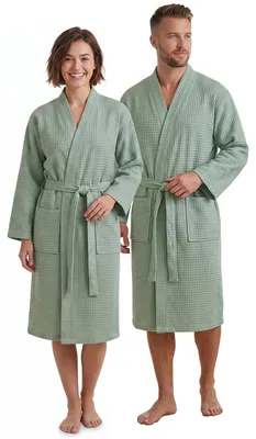 Produktbild von NYVI Bademantel NYVISpa Waffelpique - Uni Saunamantel für Damen & Herren - luftig leichter & atmungsaktiver Morgenmantel aus 100% Baumwolle - Saugfähig & Schnelltrocknend - XL Mintgrün