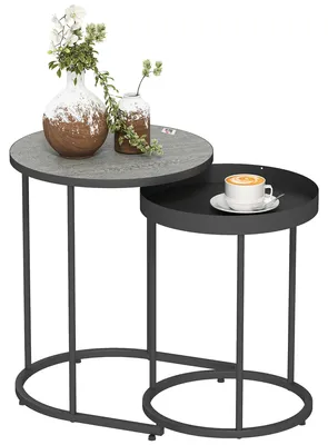 Produktbild von Beistelltisch Couchtisch Industrial, Satztisch 2er Set rund, MDF Holzoptik & Metall, Grau | Tablett-Rand | stapelbar | Ø42 x 54 cm