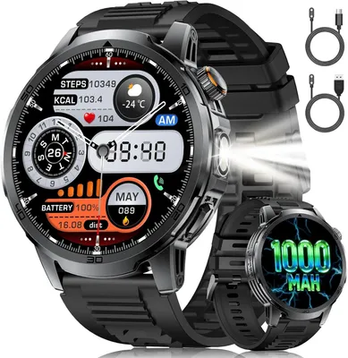 Produktbild von Smartwatch für Herren großes Display, Bluetooth-Anrufe, 1000-mAh-Akku, LED-Taschenlampe, Herzfrequenz- und Schlaftracker, IP68 wasserdicht,