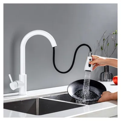 Produktbild von Küchenarmatur Weiß, Hochdruck mit ausziehbarer Brause, Mischbatterie für Spültisch, 360° drehbar, zwei Strahlarten, Edelstahl