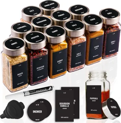 Produktbild von Sada 12 ks - Deco Haus nádoby na korenie s vekom z nehrdzavejúcej ocele - Súprava s etiketami, lievikom, čistiacou kefkou, značkovačom, 120 ml