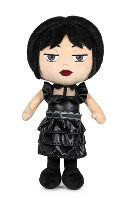 A plush toy of Wednesday Addams in a black party dress, standing against a white background.