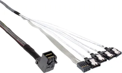 Produktbild von InLine Mini SAS HD Kabel, SFF-8643 gewinkelt zu 4x SATA + Sideband, 0,5m, 0,5 m, 4x SATA male, 4 x SATA, Abgewinkelt, Gerade, Schwarz