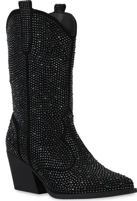 Produktbild von VAN HILL Damen Leicht Gefütterte Cowboystiefel Stiefel Spitze Strass Schuhe 841327, Farbe: Schwarz, Größe: 39
