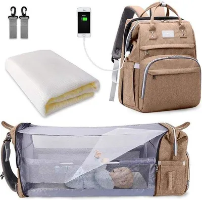 Image de Lit de voyage pour bébé, sac à dos, grande capacité, pliable, kaki