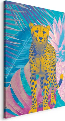 Produktbild von Vlies Leinwandbild - Exotic Leopard - Colorful Portrait of a Cheetah Against Tropical Leaves 20x30 cm Tiere g-C-10182-b-a