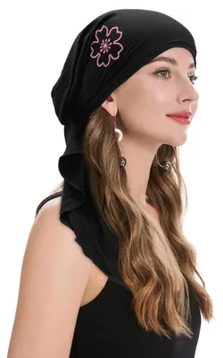Immagine prodotto di Turbante da donna, sciarpa pre-annodata, copricapo, foulard con ricami floreali, colore nero, realizzato in poliestere, leggero e traspirante