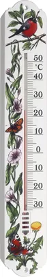 A thermometer decorated with floral and insect illustrations.