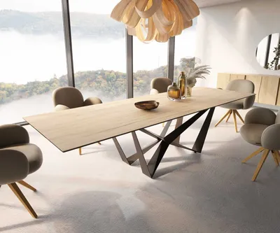 Produktbild von DELIFE Esstisch Edge 300x100 Keramik Laminam® Sabbia Eichefarbig Spider Flachstahl Schwarz