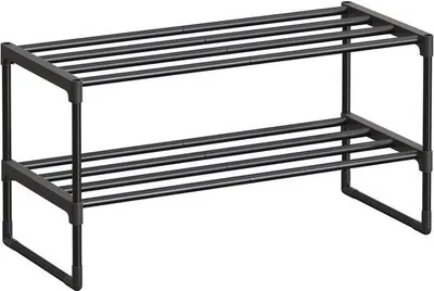Produktbild von Unyqoos® Metall-Schuhregal, stapelbar & umkehrbar, 2 Ebenen, schwarz, 30 x 68 x 33,8 cm, werkzeuglos montierbar, für bis zu 9 Paar Schuhe (6 Herren/9 Damen)