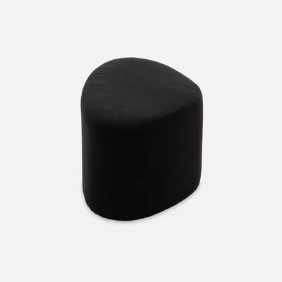A black, pebble-shaped ottoman is shown against a plain white background.