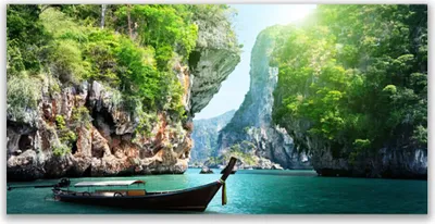 Produktbild von Tulup Leinwand-Bilder 140x70 Wandbild Canvas Kunstdruck Gebirge Wasser Boot Natur