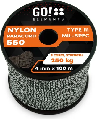 Produktbild von GO!elements 100m Paracord Seil aus reißfester Nylonschnur - 4mm Paracord 550 Typ III Schnur - geeignet als Allzweckseil & Reepschnur - Max. 250kg, Farbe: Schwarz-Weiß