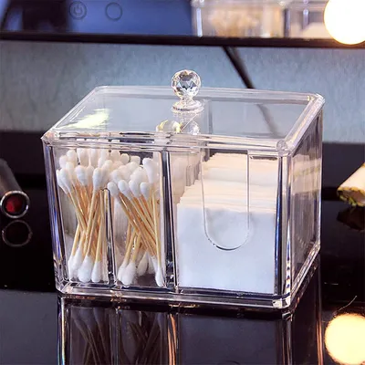 Obrázek produktu pro Držák na vatové tyčinky, akrylový box na kosmetické tampóny, organizér na make-up, úložná krabička na kosmetiku, průhledná s víkem, vhodná pro vatové kuličky, vatové tampony a vatové tyčinky