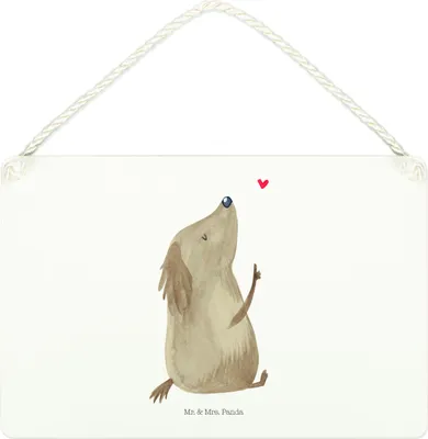Produktbild von Mr. & Mrs. Panda Schild Hund Liebe DIN A4 - Weiß - Geschenk, Türschild, wandtafel, holzbild, Herz, Sprüche, Wandbild Holz, Hunde, Holzschild