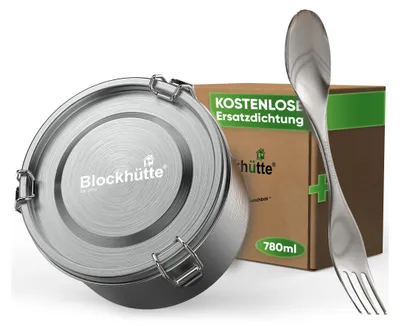 Produktbild von Blockhütte Edelstahl Brotdose Rund 780ml - Auslaufsichere Lunchbox mit Göffel, Ersatzdichtung & Baumwollbeutel, BPA-frei, Spülmaschinenfest, Bowl to