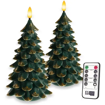 Immagine prodotto di Meisterhome® Candele LED albero di Natale set di 2 - Candele LED - Candele di cera senza fiamma con design ad albero di Natale - 12×12×19 cm - Luce bianca calda tremolante - Con timer e telecomando - Funzionamento a batteria - Decorazione natalizia