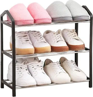 Produktbild von Unyqoos® Schuhregal klein, 3-stöckig, für 6 Paar Schuhe, platzsparend und erweiterbar, offenes Regal mit Stahlrohrstützen, schwarz, 43 x 44 x 19 cm
