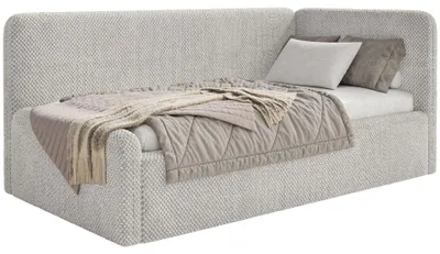 Obrázek produktu pro Selsey Fanko – dětská postel 90 × 200 cm s ochrannou bočnicí, matrací, čelem vpravo, plyšová, šedobéžová