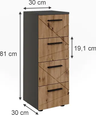 Image de Meuble Midischrank Vicco Irma Anthracite/Chêne de force doré 30x81cm avec 4 tiroirs, Model 54769