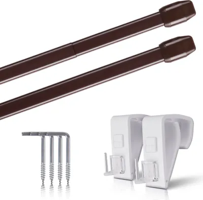 Produktbild von Vitragestangen Braun 40–60 cm ausziehbar (2er-Pack), Scheibenstange mit Klemmträger und Schraubhaken, für Küchen- & Bistrogardinen