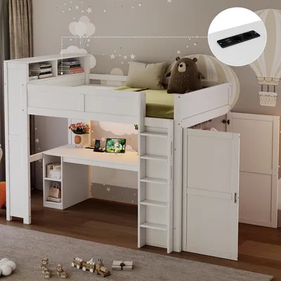 Productafbeelding van Hoogslaper 90x200 cm met bureau, kledingkast, opbergruimte, trap, USB-aansluiting en LED-verlichting, wit