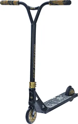 A black and gold stunt scooter is shown against a white background.