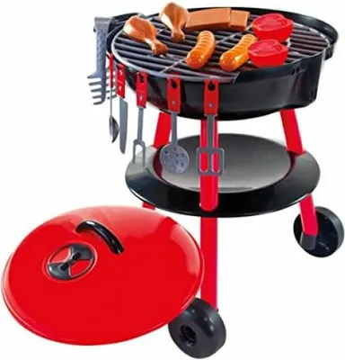 Produktbild von Spielküche Spielzeuggrill 51x36 cm schwarz/rot mit Deckel, Rädern, Grillutensilien & Speisen
