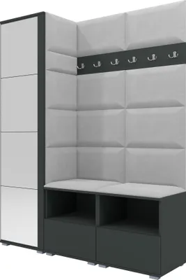A corner of a modern hallway furniture set, featuring a tall cabinet, a padded wall panel with coat hooks, a bench seat, and storage compartments below.