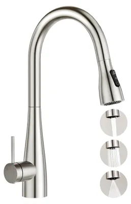 Produktbild von Küchenarmatur mit ausziehbarem Wasserhahn, 3 Wasserstrahlarten, Hochdruck Einhebelmischer, 360° schwenkbar aus gebürstetem Edelstahl
