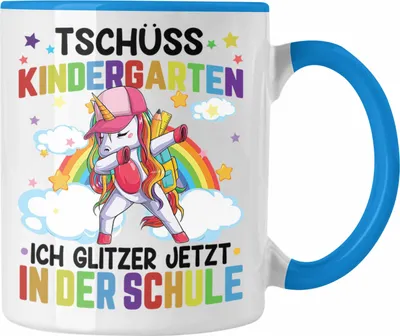 Produktbild von Trendation - Tschüss Kinderkarten Ich Glitzer In Der Grundschule Tasse Geschenk zur Einschulung Erster Schultag (Blau)