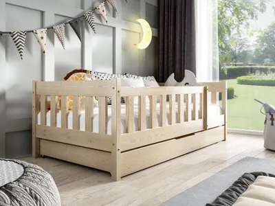 Produktbild von MTJMöbel Kinderbett POLA 190x80cm mit Matratze, Hausbett mit Schublade und Schutzbarriere, Kiefernholz